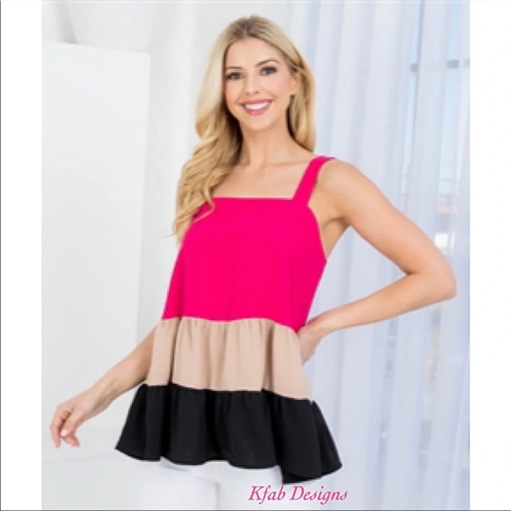❤️LAST 1! Fuchsia Square Neckline Tiered Ruffle Color Block Top! - Picture 5 of 7